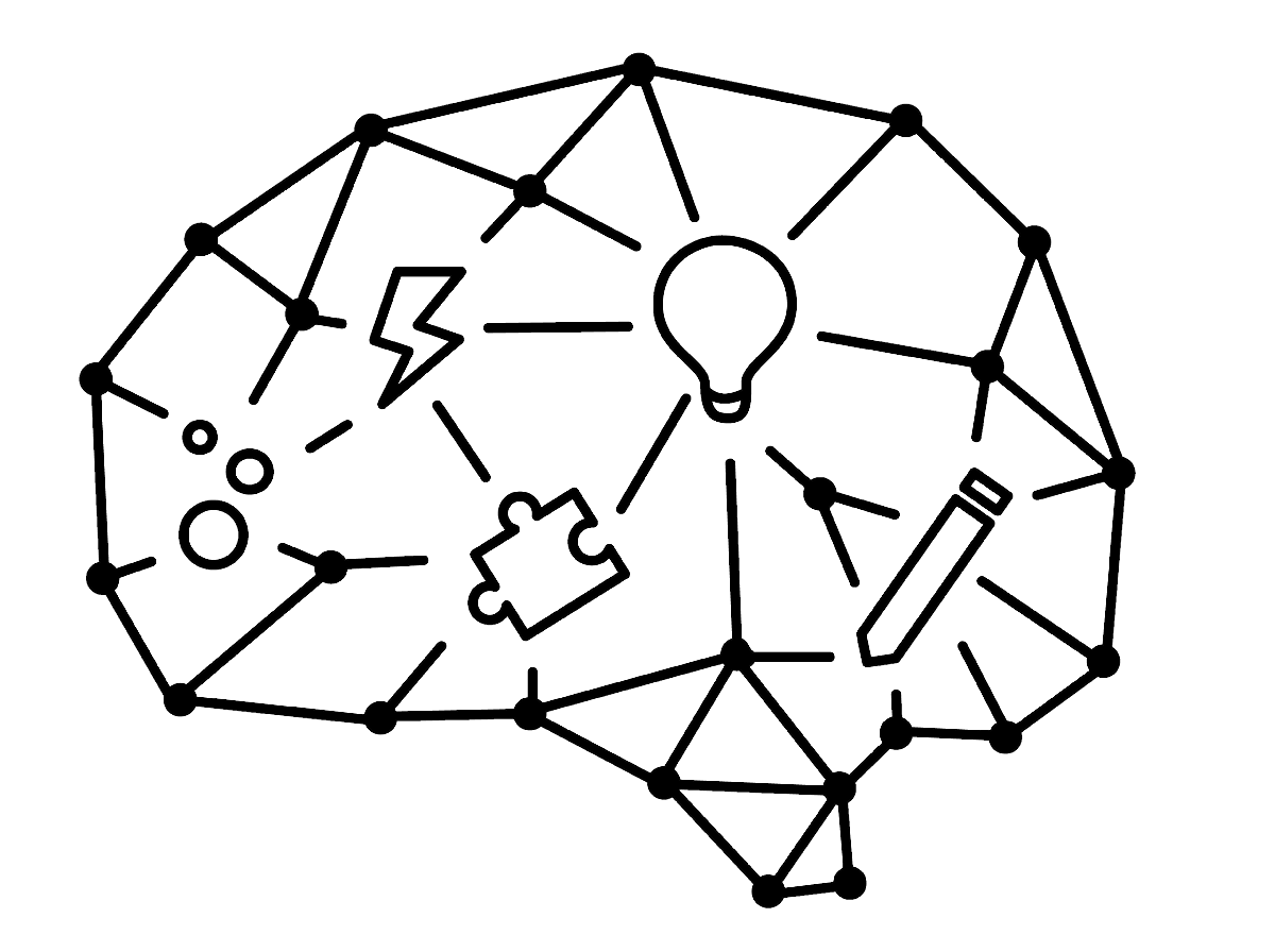 Stilisierte Zeichnung eines Gehirn mit Verknüpfungen und Symbolen für Ideen